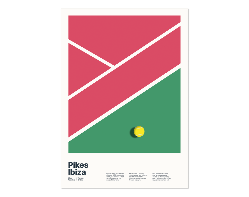 Minimalist graphic design print of the pink and green coloured tennis court at Pikes Hotel Ibiza.  