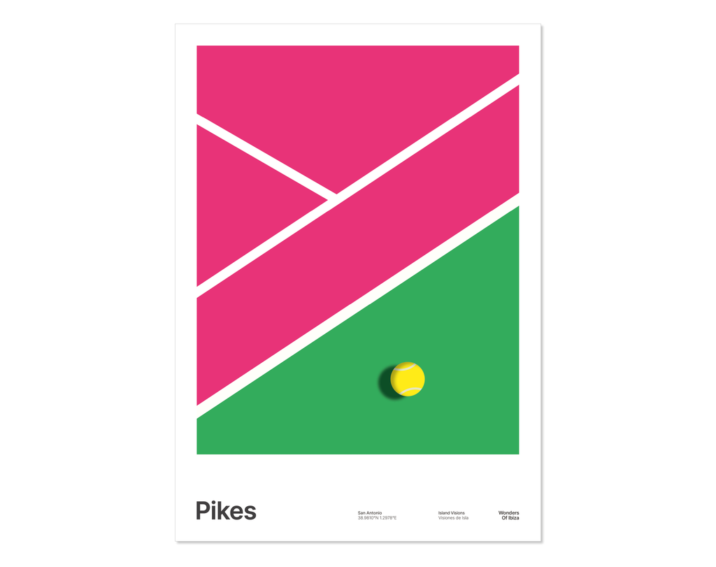 Minimalist graphic design print of the pink and green coloured tennis court at Pikes Hotel Ibiza.  