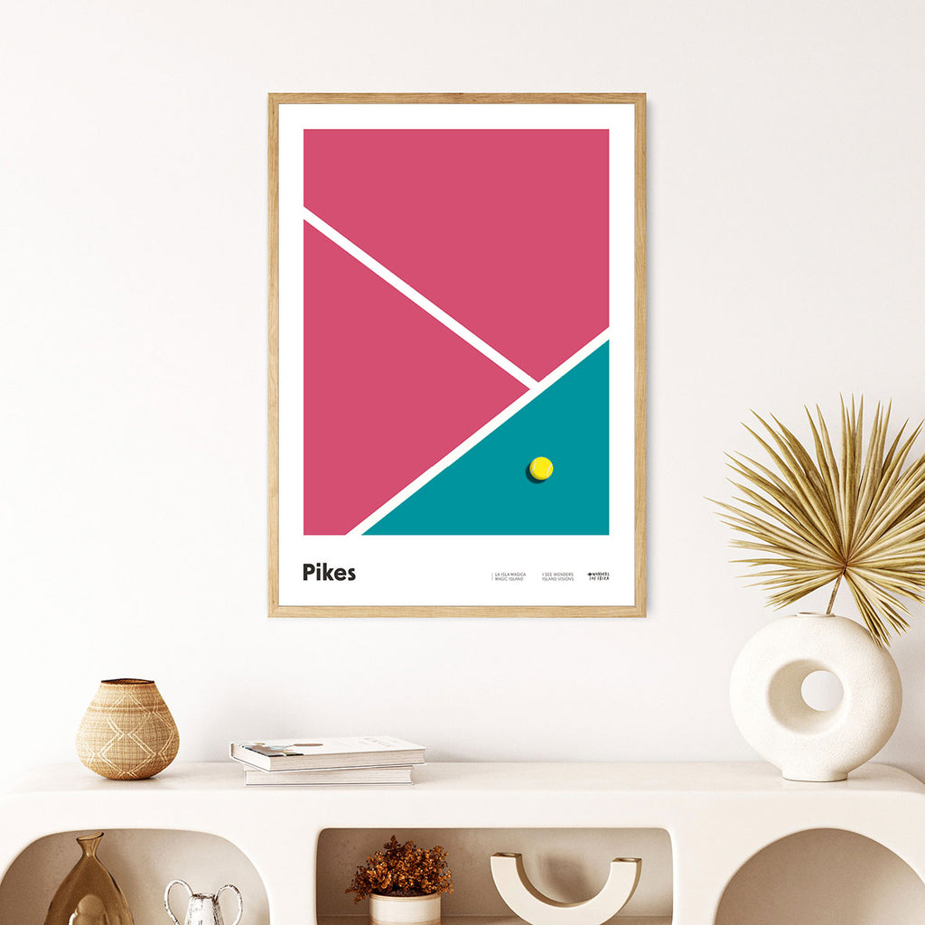 Framed Minimalist graphic design Ibiza art print of the pink and green coloured tennis court at Pikes Hotel Ibiza.  