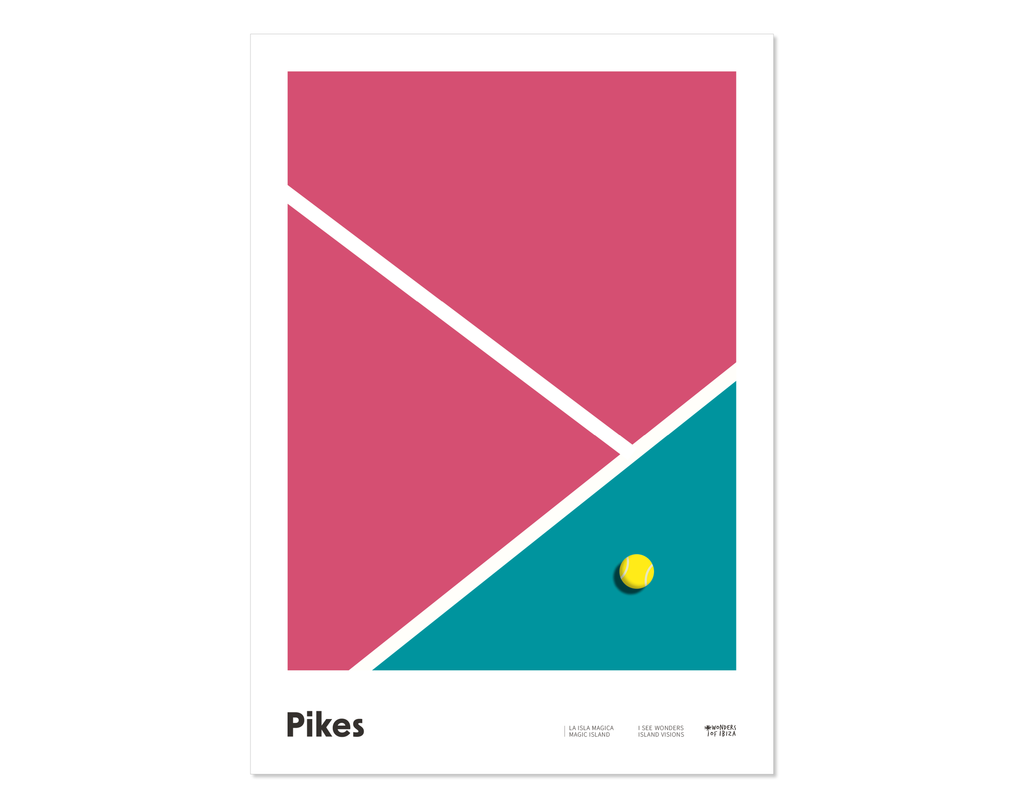 Minimalist graphic design Ibiza art print of the pink and green coloured tennis court at Pikes Hotel Ibiza.