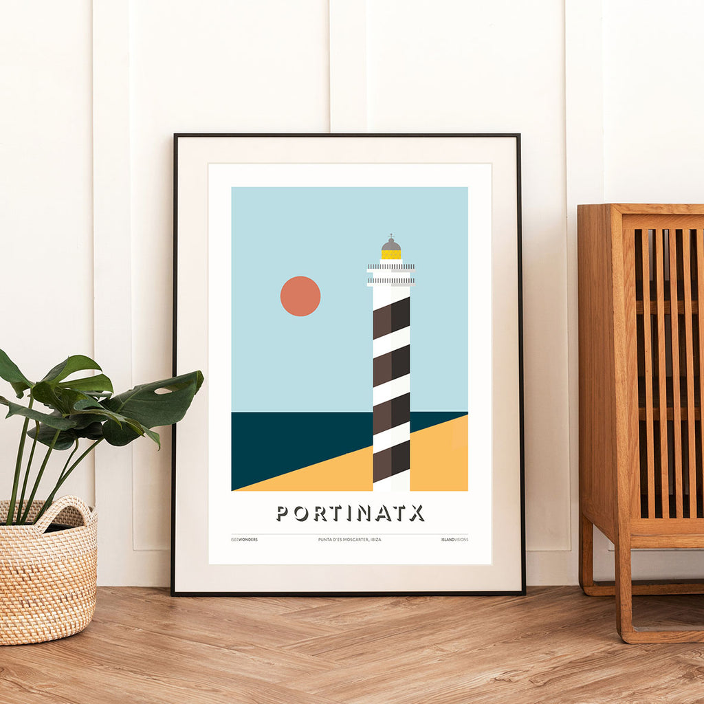 Framed Minimalist art print of Portinatx Ibiza, Moscarter Lighthouse.  
