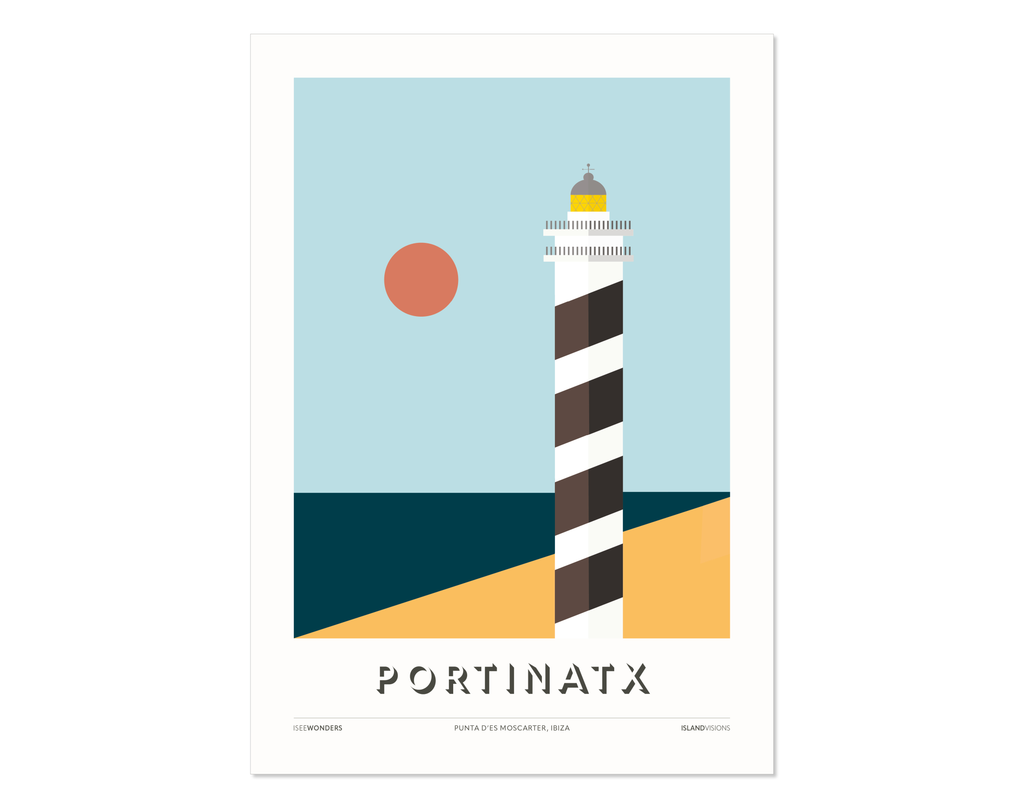 Minimalist art print of Portinatx Ibiza, Moscarter Lighthouse.