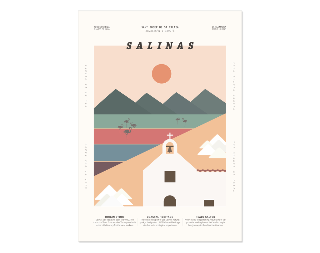 Minimal style graphic design Ibiza art print of Sant Francesc de S’Estany, Salinas, Ibiza with the salt flats and sun setting behind.