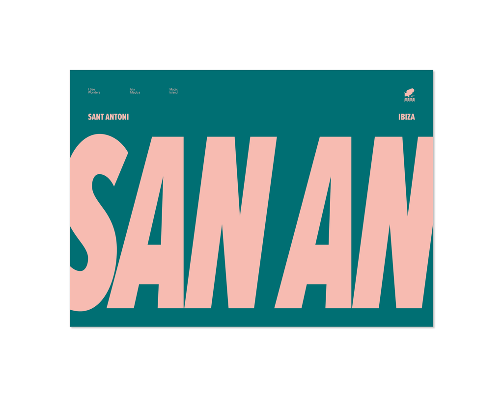 Minimal style Ibiza typography print with the words San An for San Antonio in peachy pink on a bluey green background.