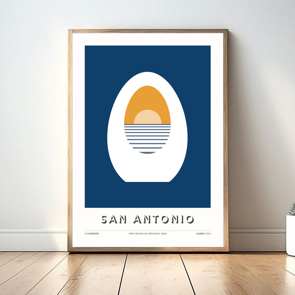 Framed Minimalist Ibiza art print of an egg representing The Egg monument in San Antonio Ibiza.
