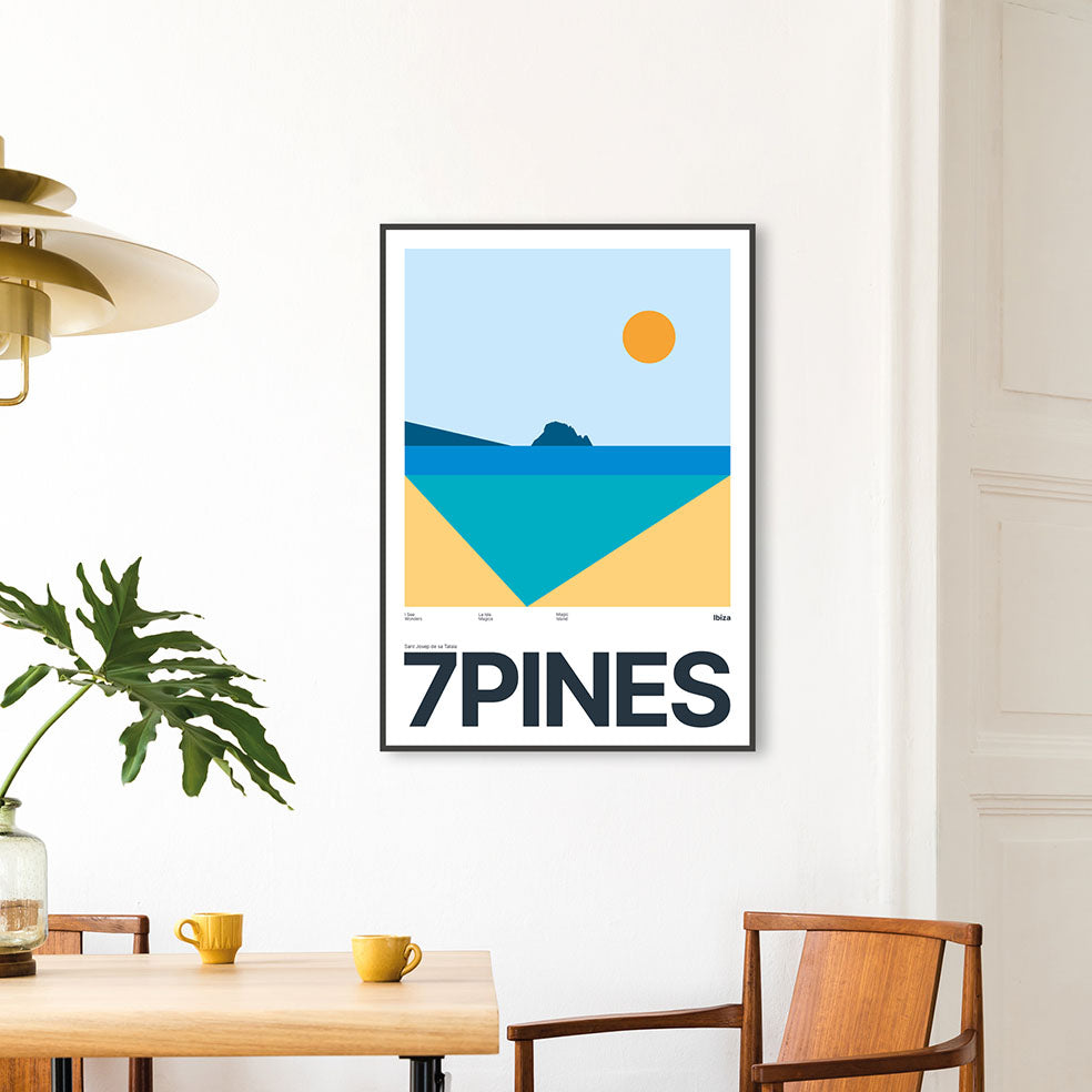 Framed Minimal style Ibiza art print with XL bold type in tribute to the view from 7Pines, Ibiza.  