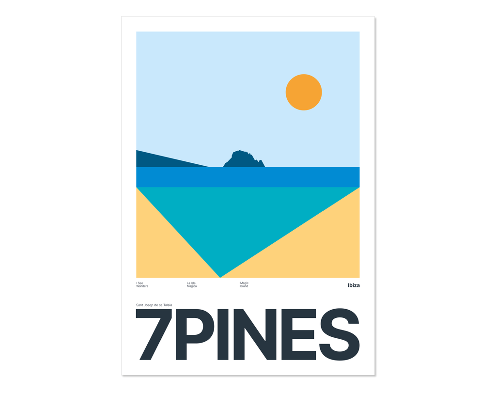 Minimal style Ibiza art print with XL bold type in tribute to the view from 7Pines, Ibiza.  