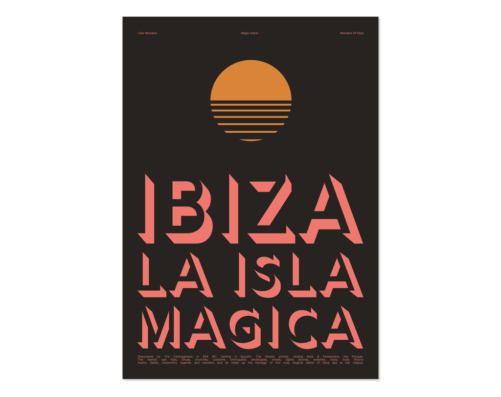 Minimal style Ibiza typography art print with the words Ibiza La Isla Magica in light pink writing on a rich dark background with warm orange sun.