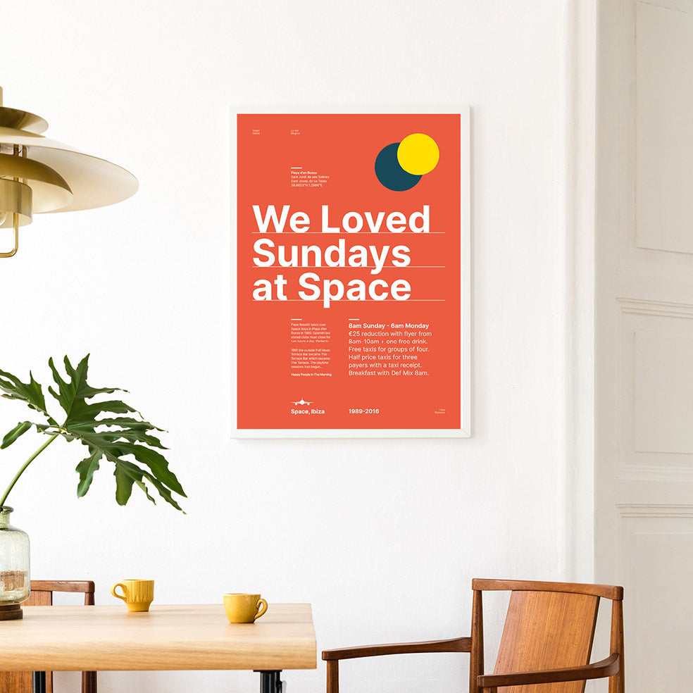 Framed Minimal style Ibiza typography print in tribute to Sundays at Space, Ibiza in summery soft red, blues and yellows.
