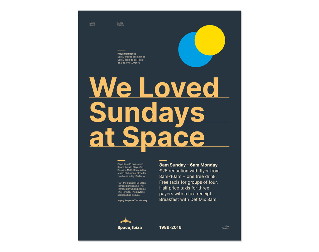 Minimal style Ibiza typography print in tribute to Sundays at Space, Ibiza in rich blues, gold and sunshine yellows.