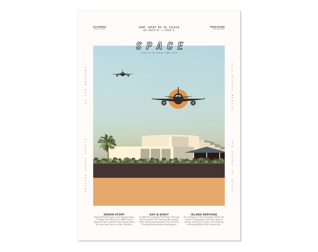 Minimal style graphic design Ibiza art print of club Space, Ibiza with planes coming in to land overhead by day.