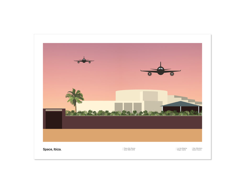 Minimal style graphic design Ibiza art print of club Space, Ibiza with a magical sunset sky and planes coming into land
