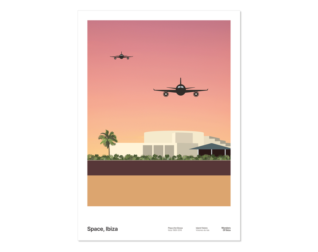 Minimal style graphic design Ibiza art print of club Space, Ibiza with a magical sunset sky and planes coming into land.