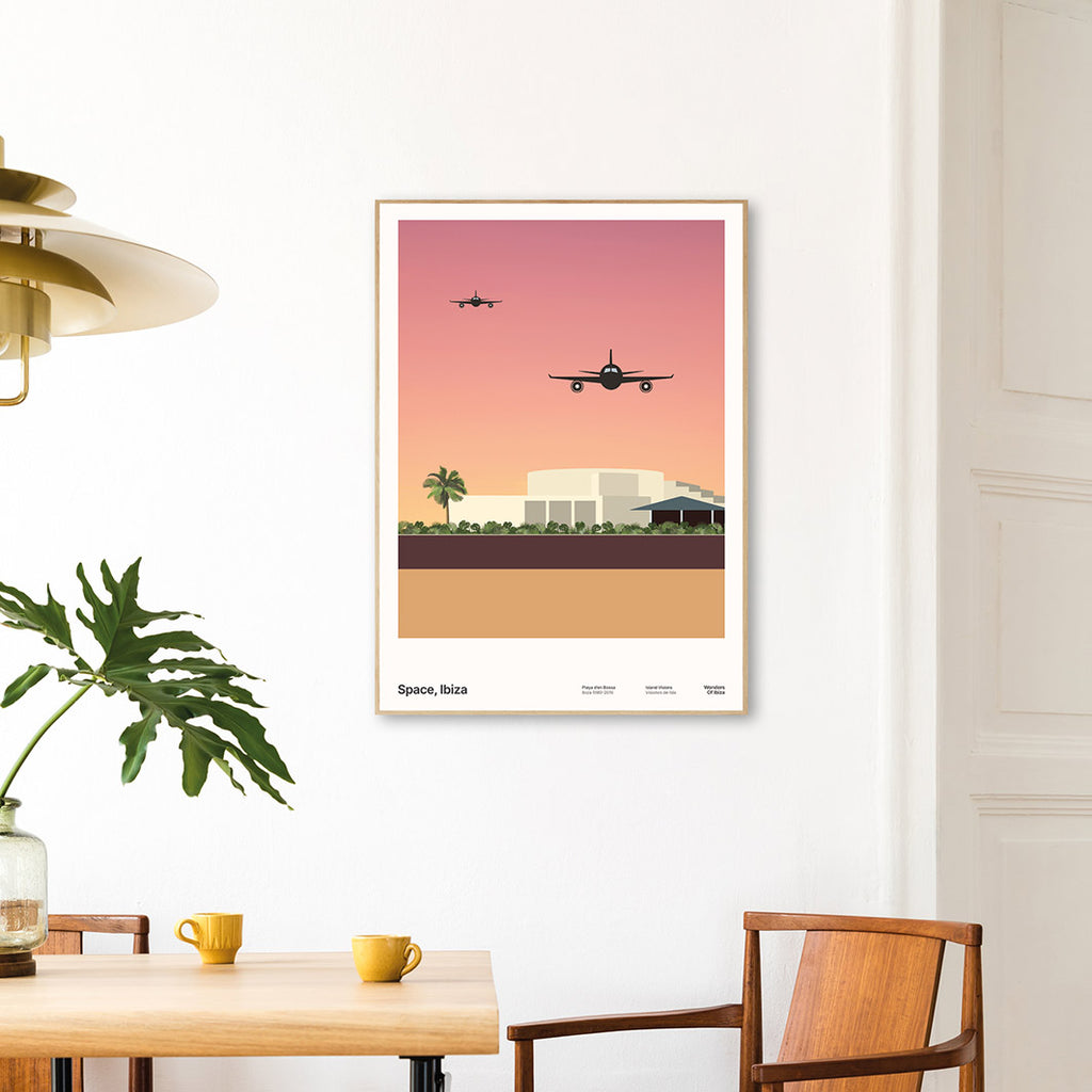 Framed Minimal style graphic design Ibiza art print of club Space, Ibiza with a magical sunset sky and planes coming into land.