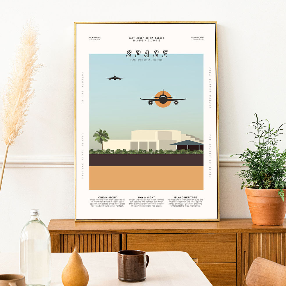 Framed Minimal style graphic design Ibiza art print of club Space, Ibiza with planes coming in to land overhead by day