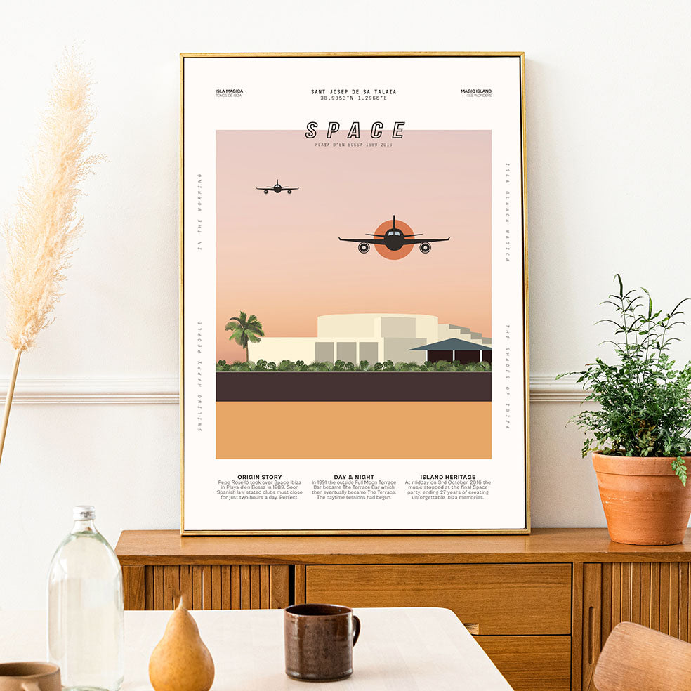 Framed Minimal style graphic design Ibiza art print of club Space, Ibiza at sunset with planes coming in to land above