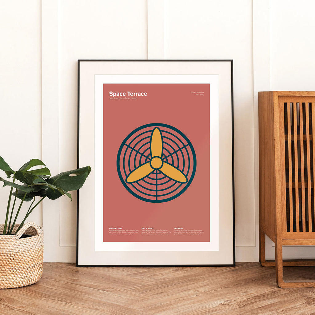 Framed Minimal style graphic design Ibiza art print of the industrial fans on the terrace at club Space, Ibiza.