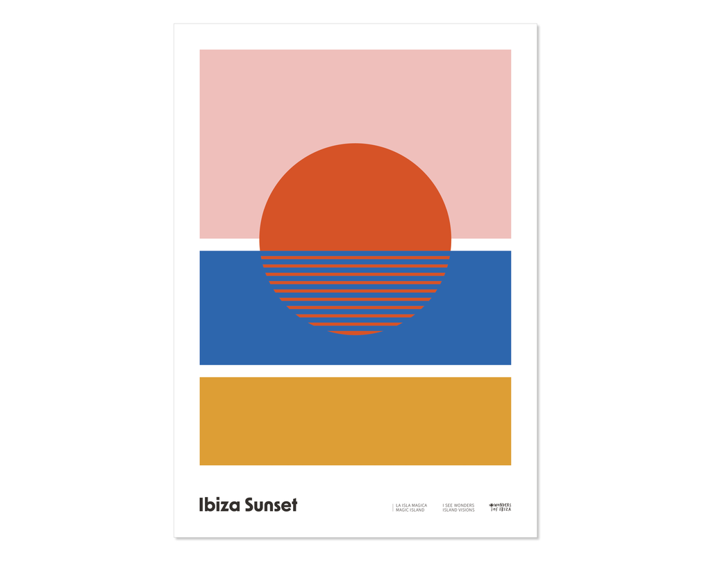 Minimal style graphic design Ibiza art print of pink sky, blue sea, yellow sand in tribute to the ritual of the legendary Ibiza sunsets 