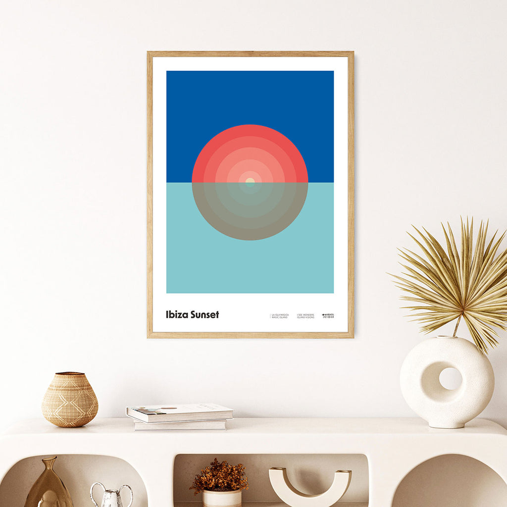 Framed Minimal style graphic design Ibiza art print of a setting sun with multiple layers in tribute to the ritual of the legendary Ibiza sunsets.