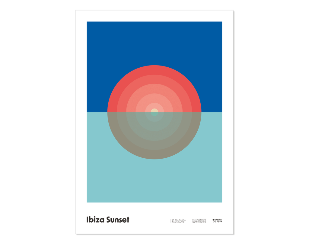 Minimal style graphic design Ibiza art print of a setting sun with multiple layers in tribute to the ritual of the legendary Ibiza sunsets.