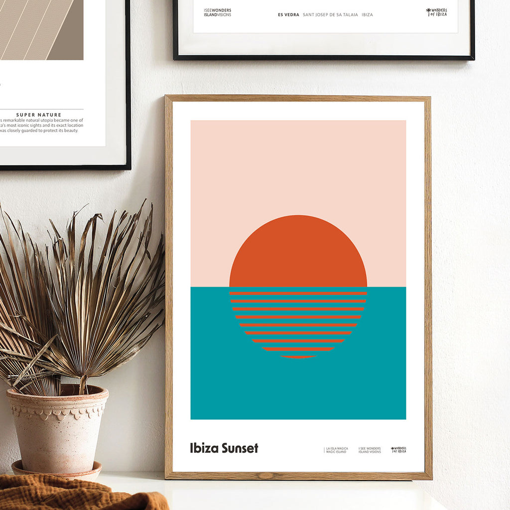 Framed Minimal style graphic design Ibiza art print of pink sky, turquoise sea, and red setting sun in tribute to the ritual of the legendary Ibiza sunsets.