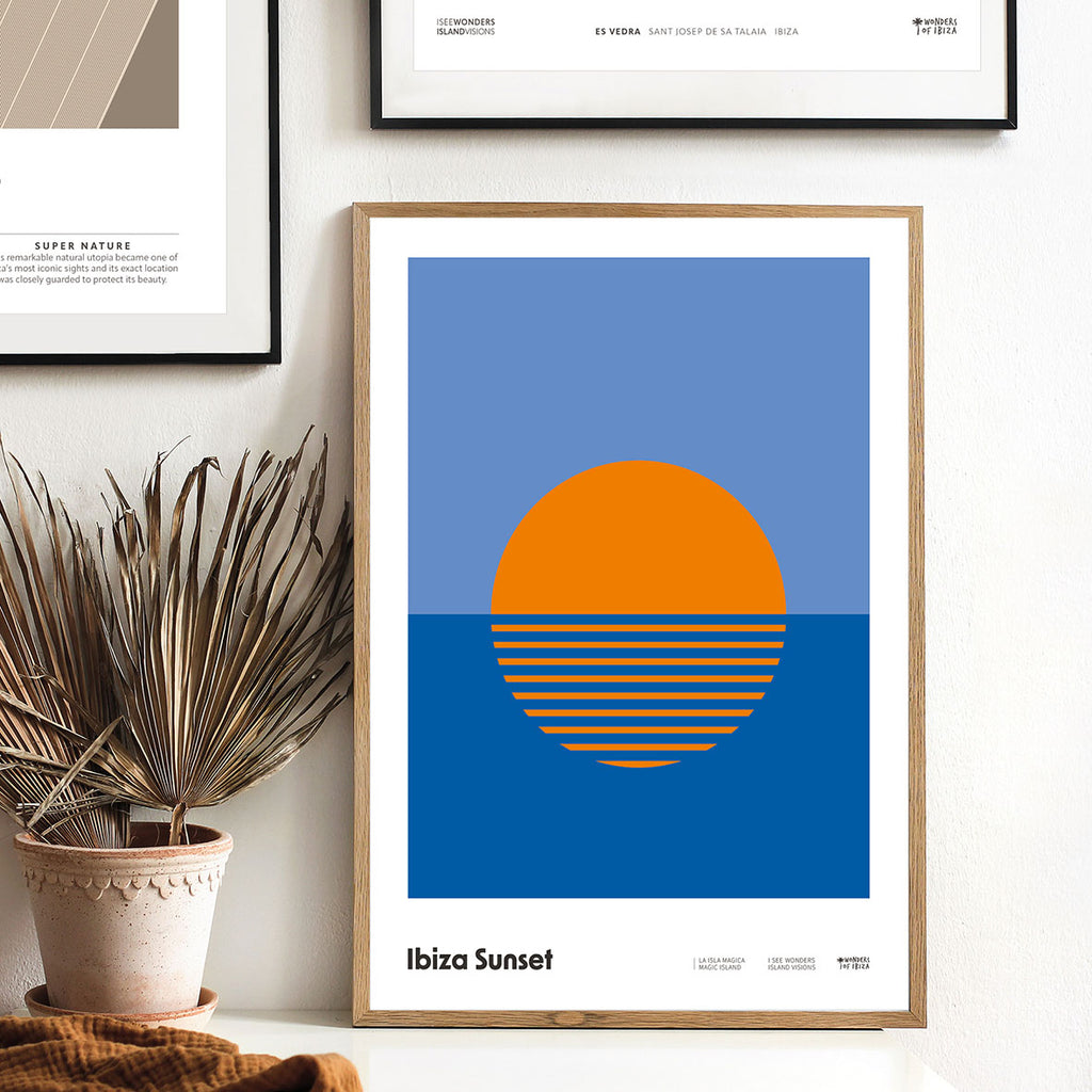 Framed Minimal style graphic design Ibiza art print of light blue sky, deep blue sea, and orange setting sun in tribute to the ritual of the legendary Ibiza sunsets.