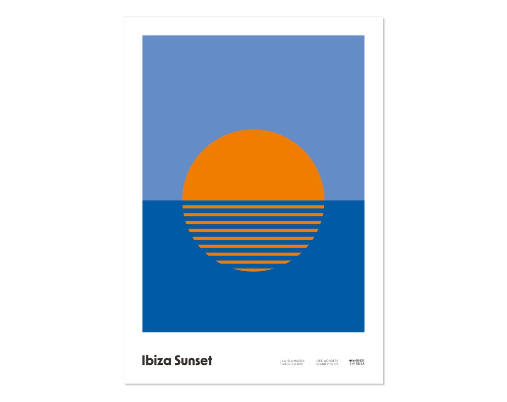 Minimal style graphic design Ibiza art print of light blue sky, deep blue sea, and orange setting sun in tribute to the ritual of the legendary Ibiza sunsets.