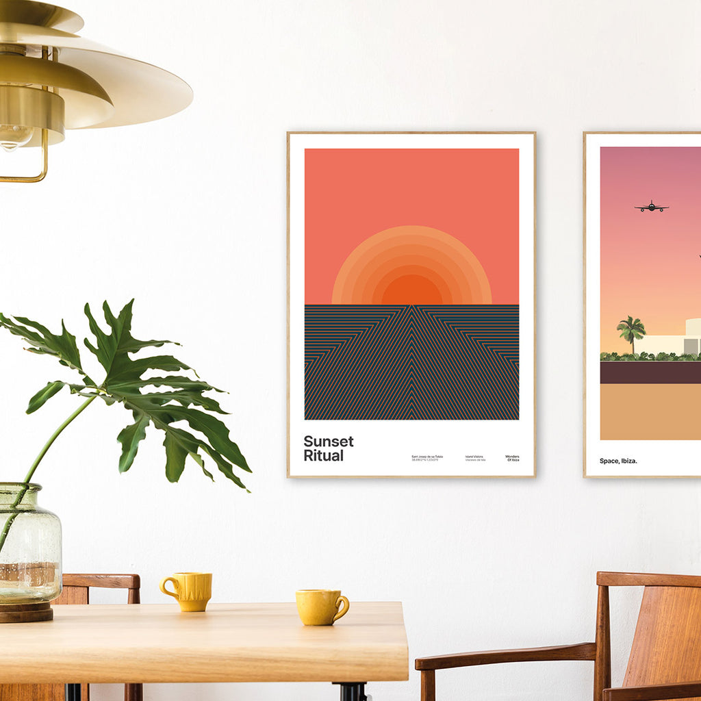 Framed Minimalist style graphic design art print of sunset with a pink red sky and sun beams at Sunset Strip, Ibiza.