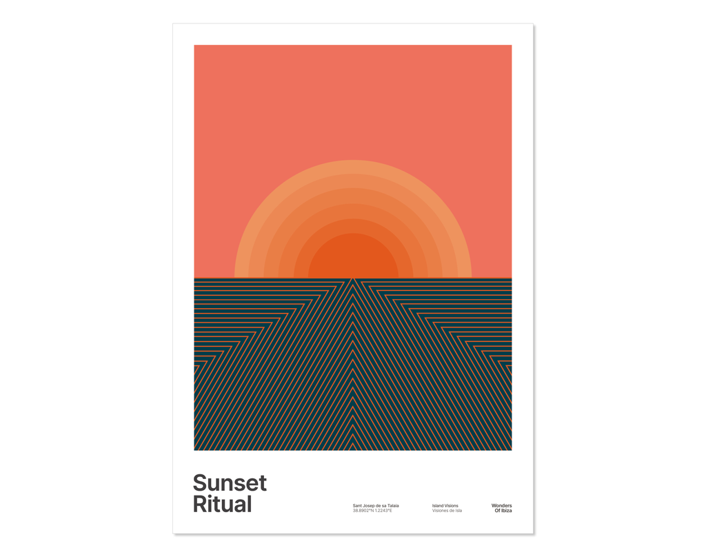 Minimalist style graphic design art print of sunset with a pink red sky and sun beams at Sunset Strip, Ibiza.