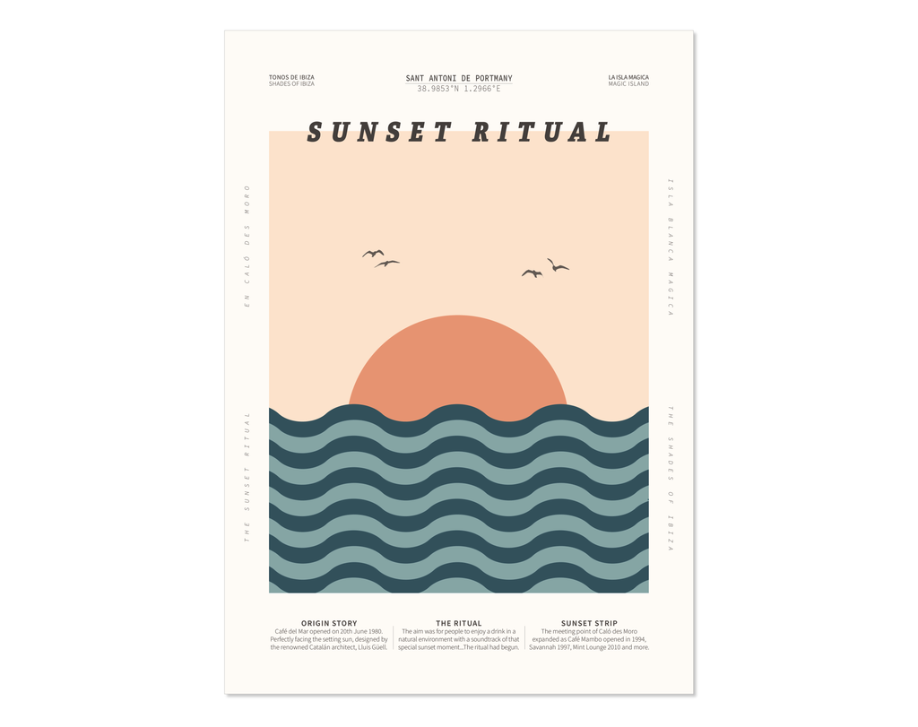 Minimal style graphic design print of the sun setting behind the sea at Sunset Strip, San Antonio, Ibiza. 