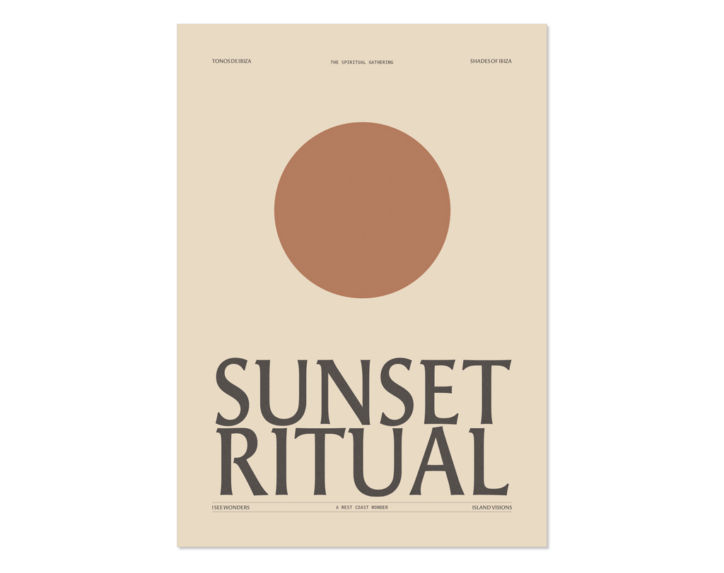 Minimal style graphic design ibiza art print celebrating the sunset ritual, Ibiza.
