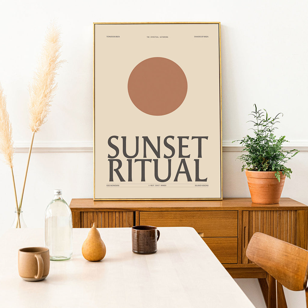 Framed Minimal style graphic design ibiza art print celebrating the sunset ritual, Ibiza.