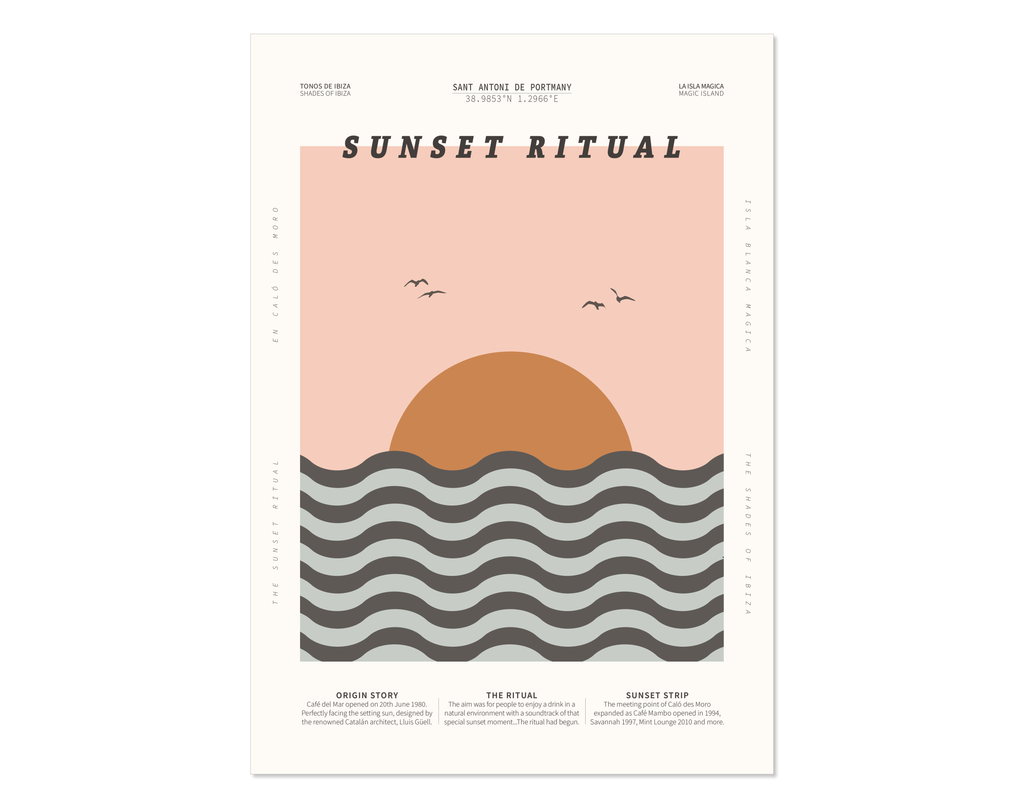 Minimal style graphic design print of the sun setting behind the sea at Sunset Strip, San Antonio, Ibiza.