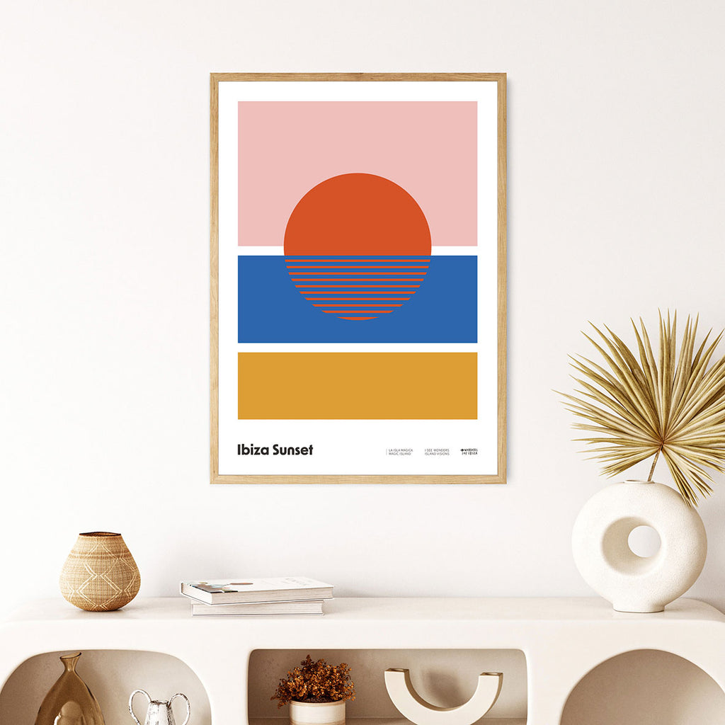 Framed Minimal style graphic design Ibiza art print of pink sky, blue sea, yellow sand in tribute to the ritual of the legendary Ibiza sunsets
