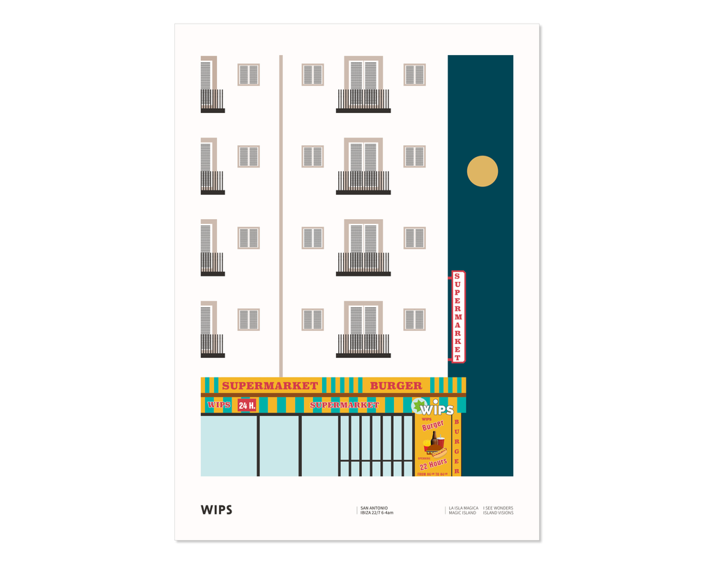 Minimal style graphic design print of WIPS Supermarket, San Antonio, Ibiza.