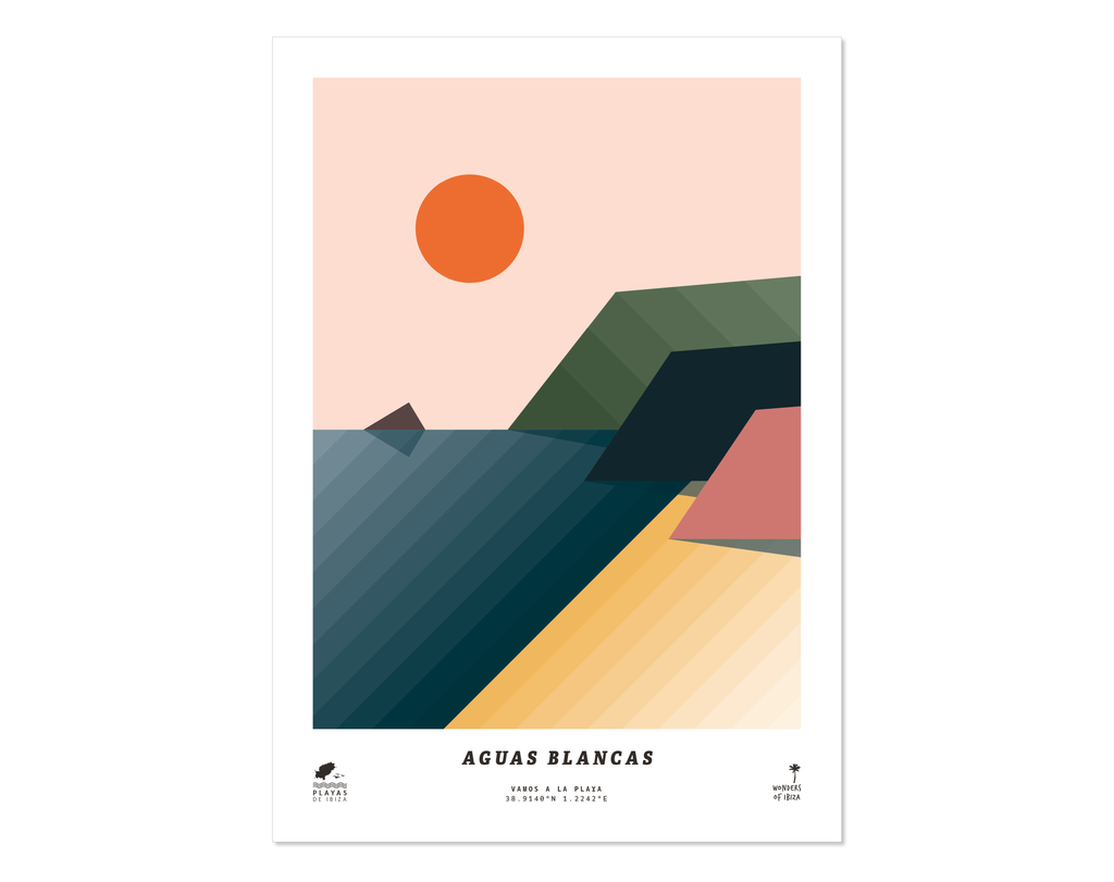 Minimal style graphic design print of Aguas Blancas beach, Ibiza.