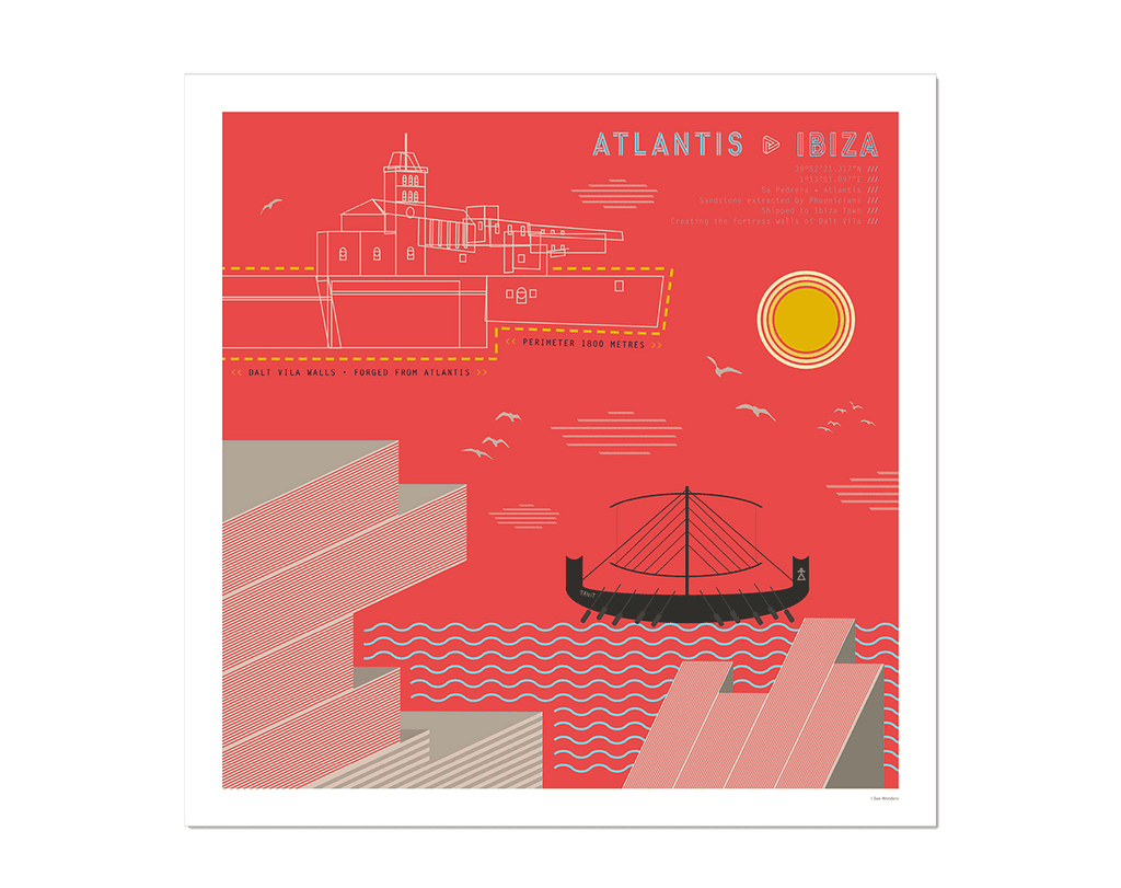 Graphic design giclée art print of Atlantis Sa Pedrera, Ibiza.