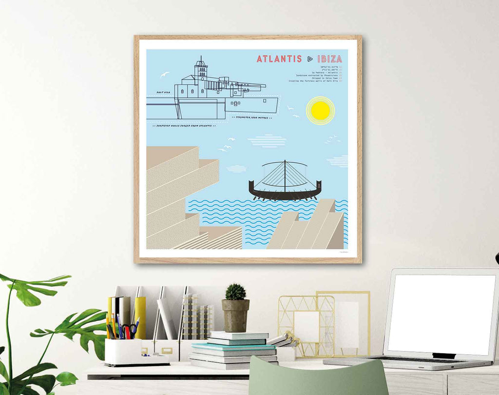 Framed graphic design framed giclée art print of Atlantis Sa Pedrera, Ibiza.