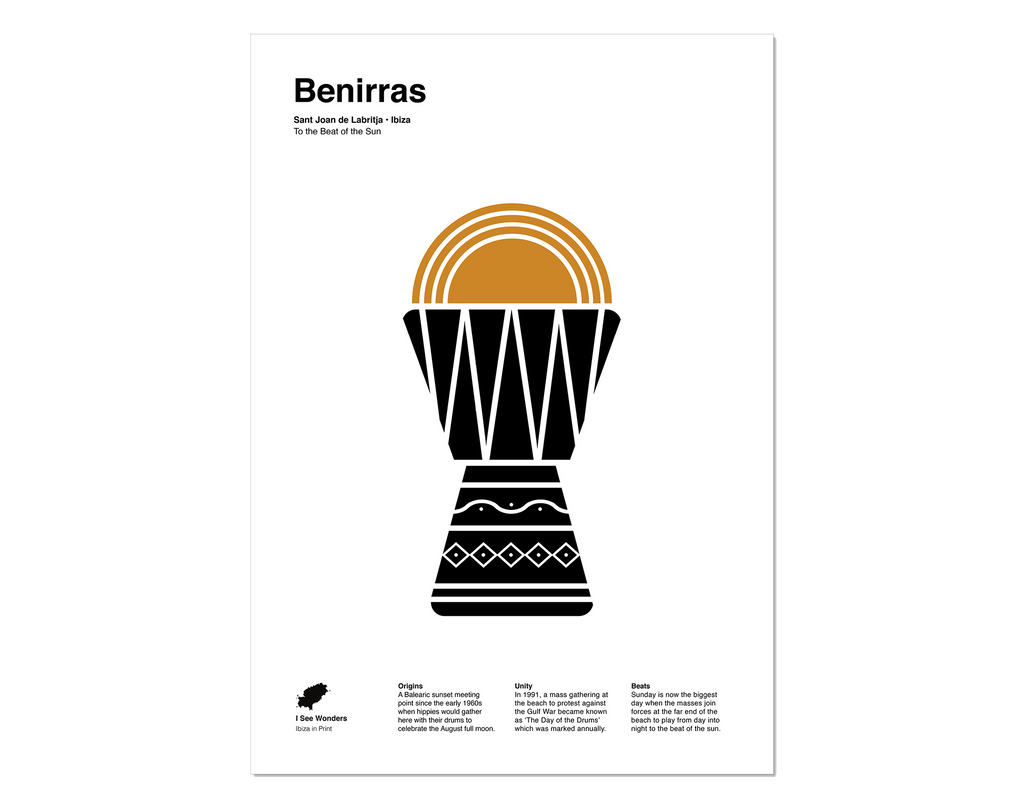 Minimal style black and white print of a sun setting over a drum, Benirras Ibiza. 