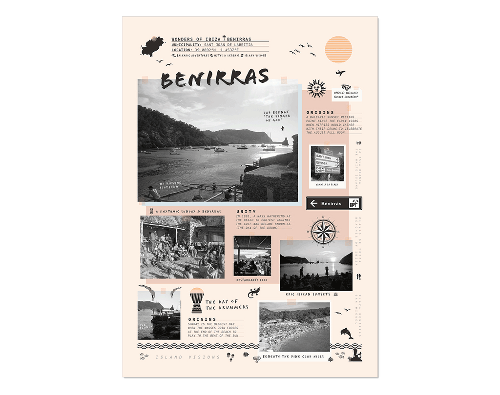 Art print of photos, notes & memories of Benirras beach, Ibiza