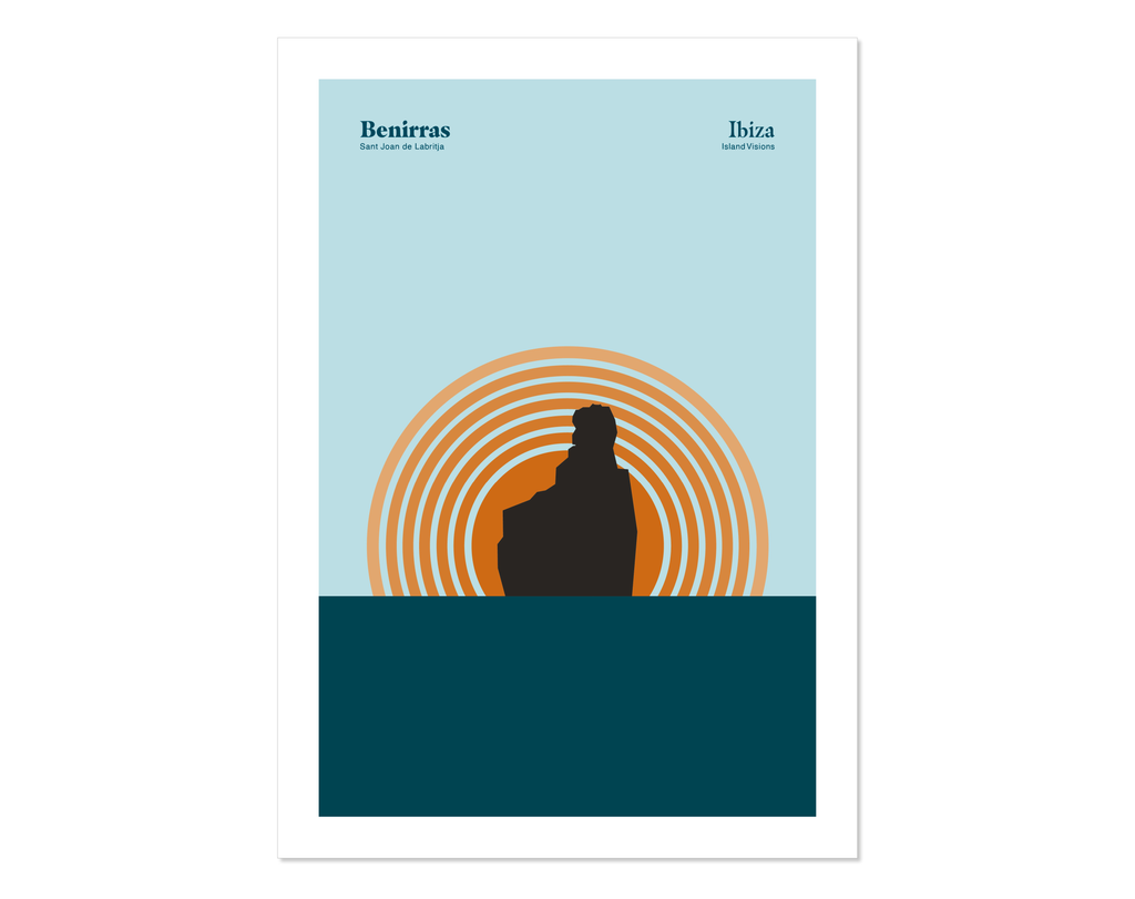 Minimal style graphic design Ibiza art print of the rock at Benirras Ibiza with the sun setting behind and blue sky.