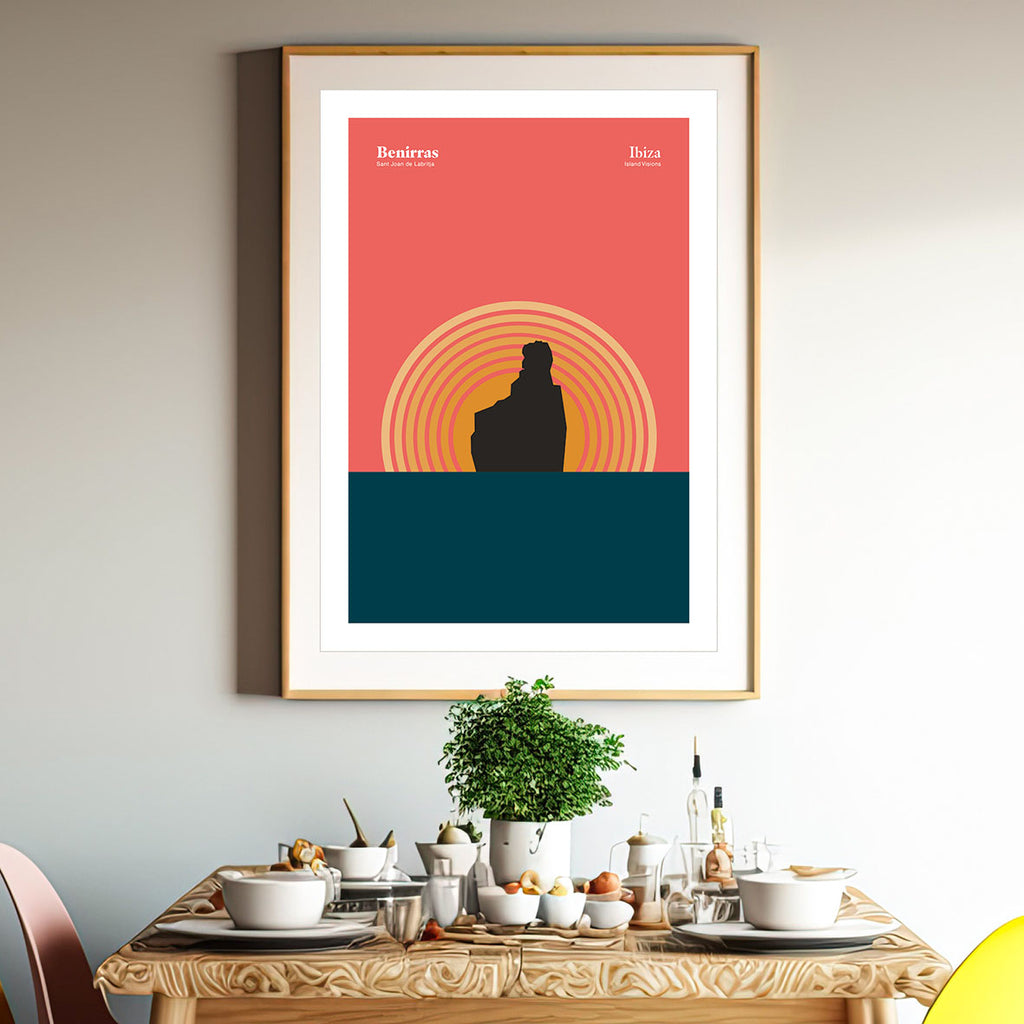 Framed Minimal style graphic design Ibiza art print of the rock at Benirras Ibiza with the sun setting behind and pink sky.