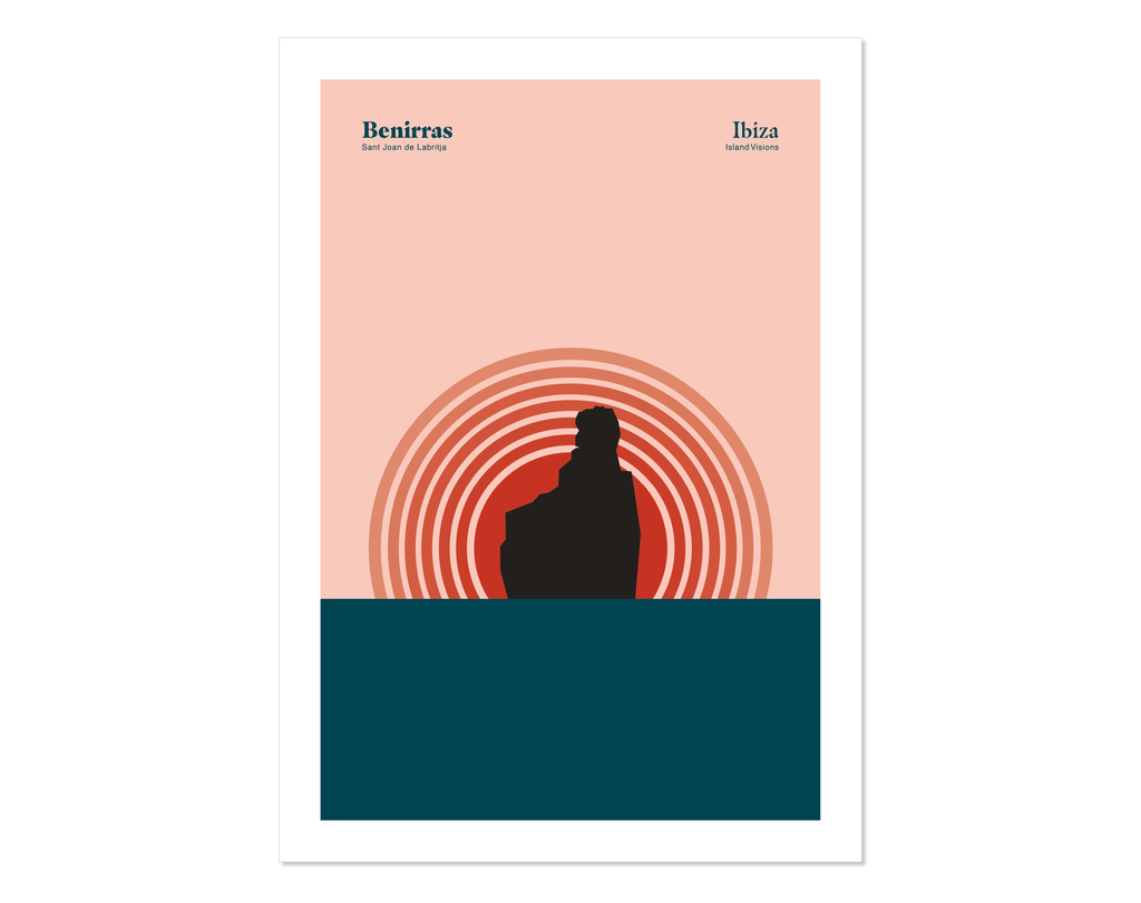 Minimal style graphic design Ibiza art print of the rock at Benirras Ibiza with the sun setting behind and pink sky.