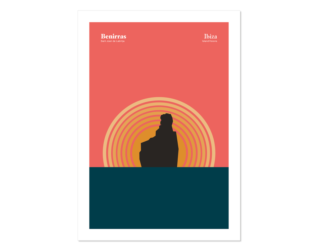 Minimal style graphic design Ibiza art print of the rock at Benirras Ibiza with the sun setting behind and pink sky.