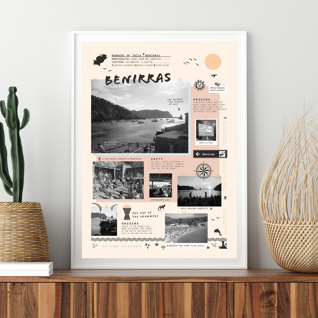 Framed art print of photos, notes & memories of Benirras beach, Ibiza
