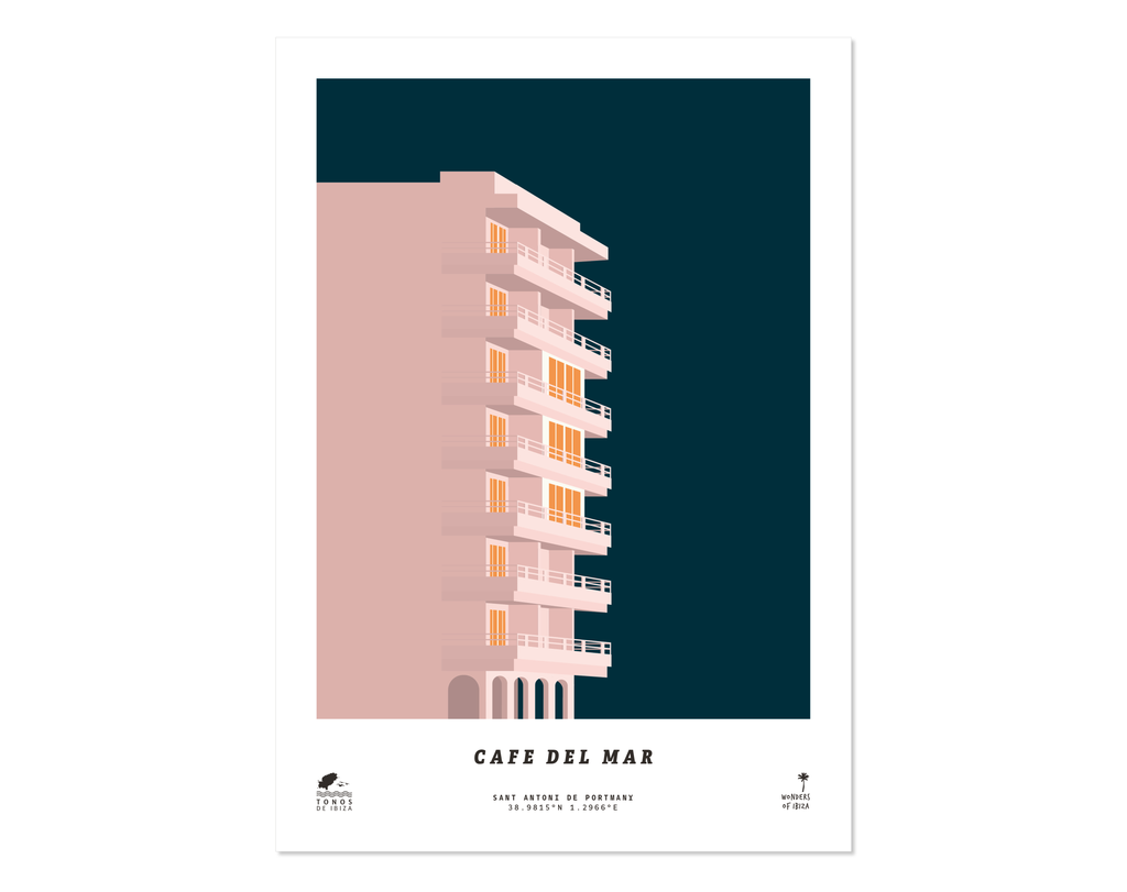 Minimal style graphic design art print of Cafe Del Mar, Ibiza.