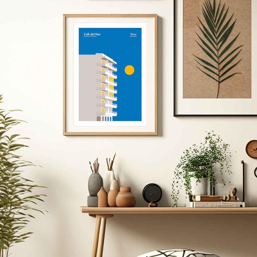 Framed Minimal style graphic design Ibiza art print of the building which is home to Cafe del Mar, Ibiza.