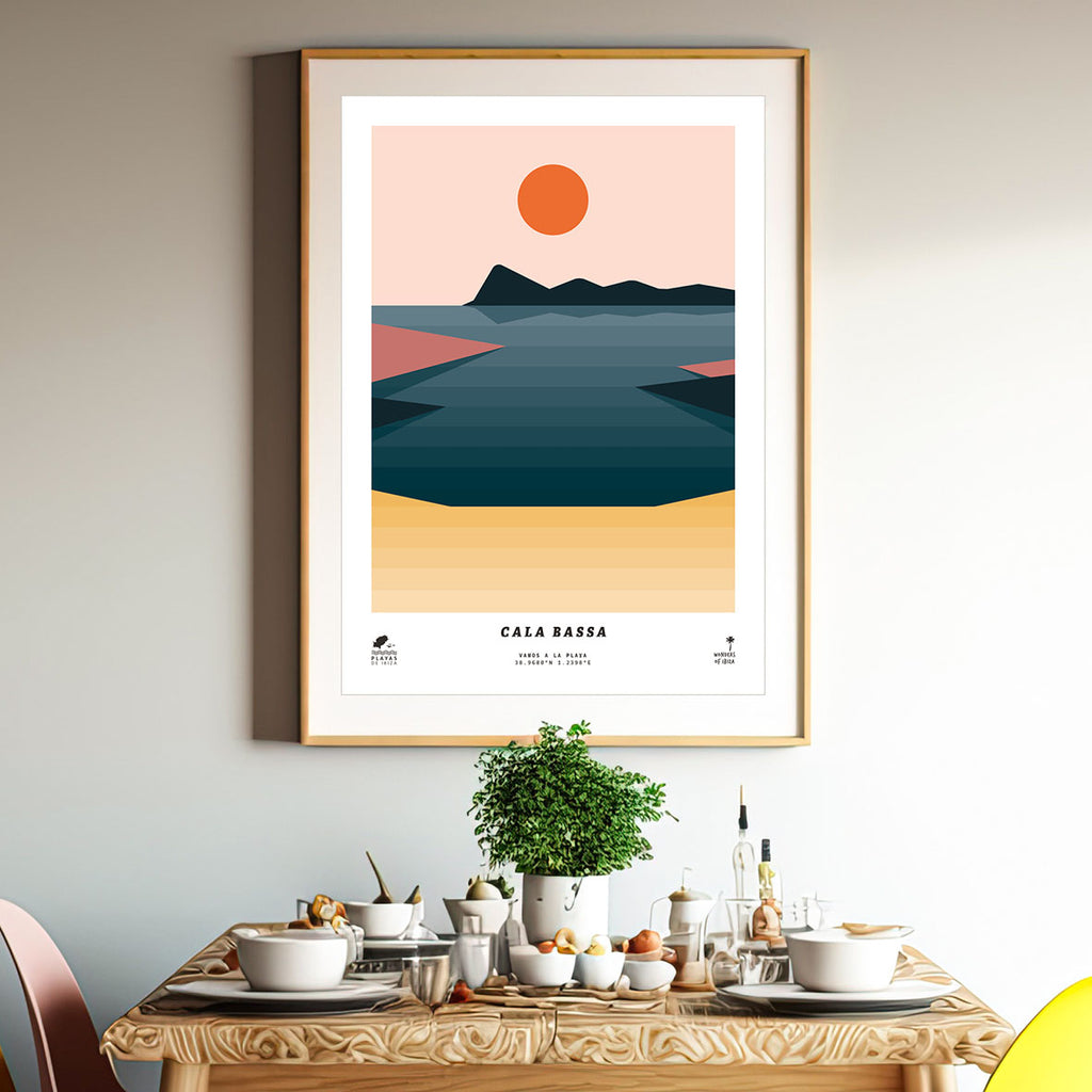 Framed minimal style graphic design print of Cala Bassa beach, Ibiza.