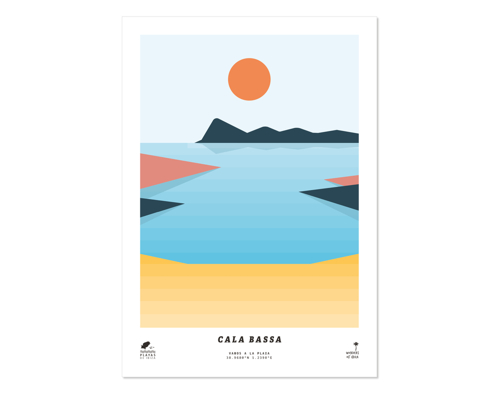 Minimal style graphic design print of Cala Bassa beach, Ibiza.