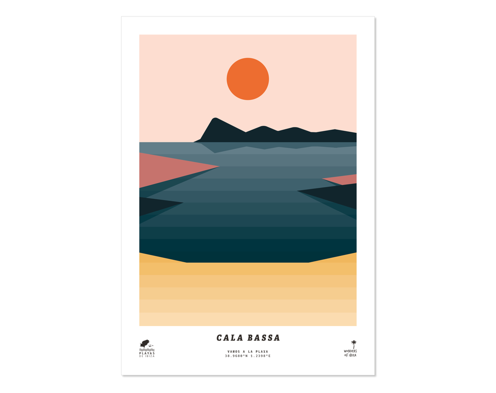 Minimal style graphic design print of Cala Bassa beach, Ibiza.  